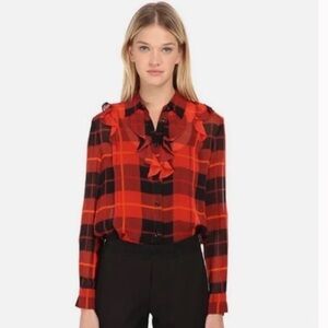 Kate Spade Red Plaid Semi Sheer Silk Ruffle Shirt size 2